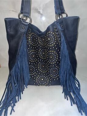 Delila Fringe Studded Leather Tote - Navy